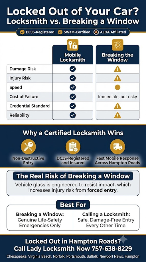 What to Do When Locked Out of Your Car: Calling a Locksmith vs. Breaking a Window